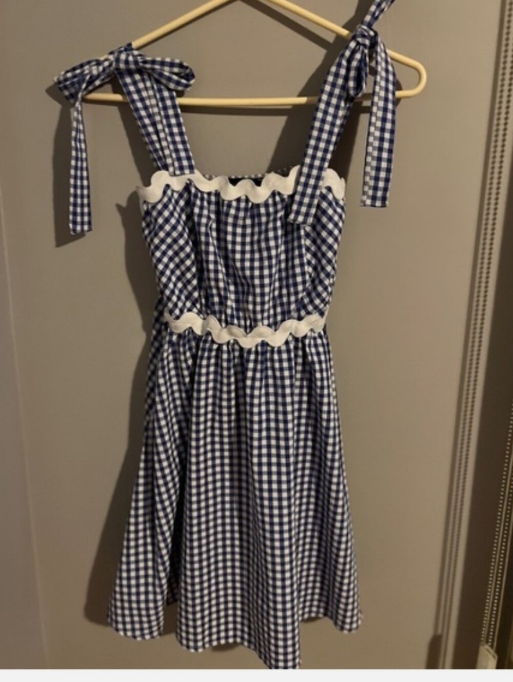 Blue Gingham Tie-Shoulder Sundress with White Trim